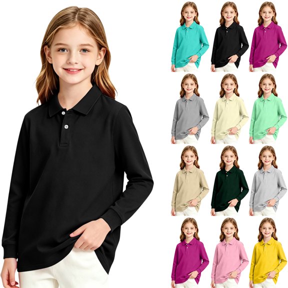 Hearthz Girls Polo Shirt Long Sleeve Cute Shirts for Teen Girls Lapel Collar Solid Color Trendy Clothes for Teen Girls School Uniform Pink 5-6Y
