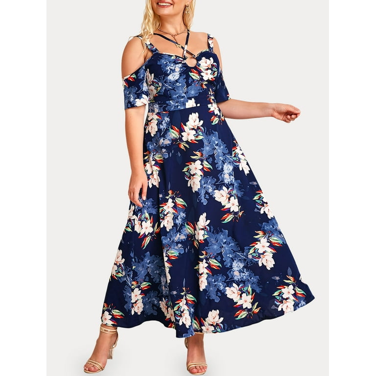 Rosegal Plus Size O Ring Cold Shoulder Floral Print Maxi Dress Deep Blue 4X Walmart