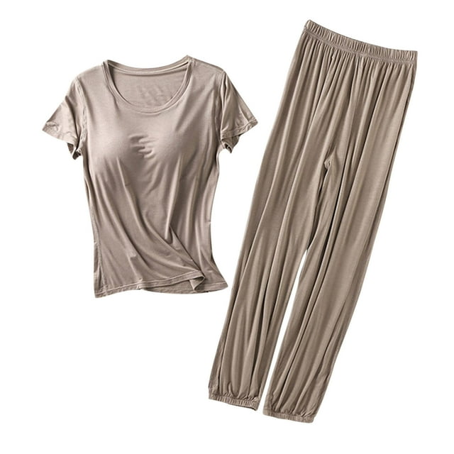 Clearance & Promo,Women's Round Neck Top, Chest Pad, Short-Sleeve, Solid Color, Home Wear Set, Comfortable Fit, Soft Fabric, Easy Care Classic Design|20%Modal,40% Cotton,40% Polyester,Khaki