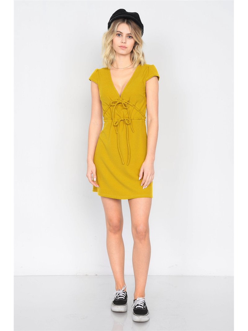 Mustard Ribbed V-neck Cap Sleeve Mini Solid Casual Dress - Walmart.com