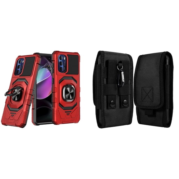 Case with Belt Holster Bundle for Moto G Stylus 5G 2022: Heavy Duty Shield Cover (Red) and Vertical Rugged Nylon Phone Pouch