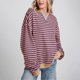 thumbnail image 3 of HOT!Maojin Camisa deportiva de manga larga con cuello redondo y bloques de color a rayas de gran tamaño para mujer, camiseta informal holgada, 3 of 4