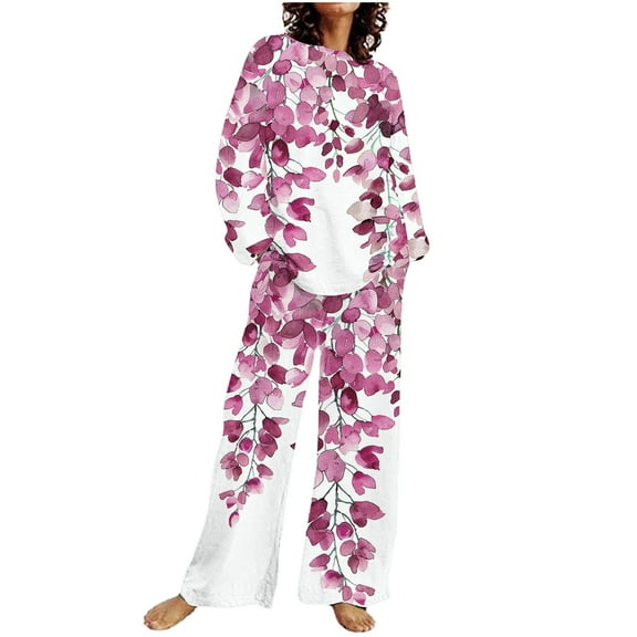 ChaoHeng Two Piece Outfits for Women 2024 Fall Plus Size,Women Casual Loose Fit Home Print Pants Long Sleeve Round-Neck Blouses Sets,Sky Blue,S