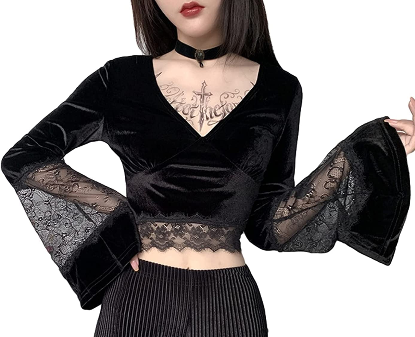 DanceeMangoo Women Gothic Tank Top Long Sleeve Print Black TShirt Punk