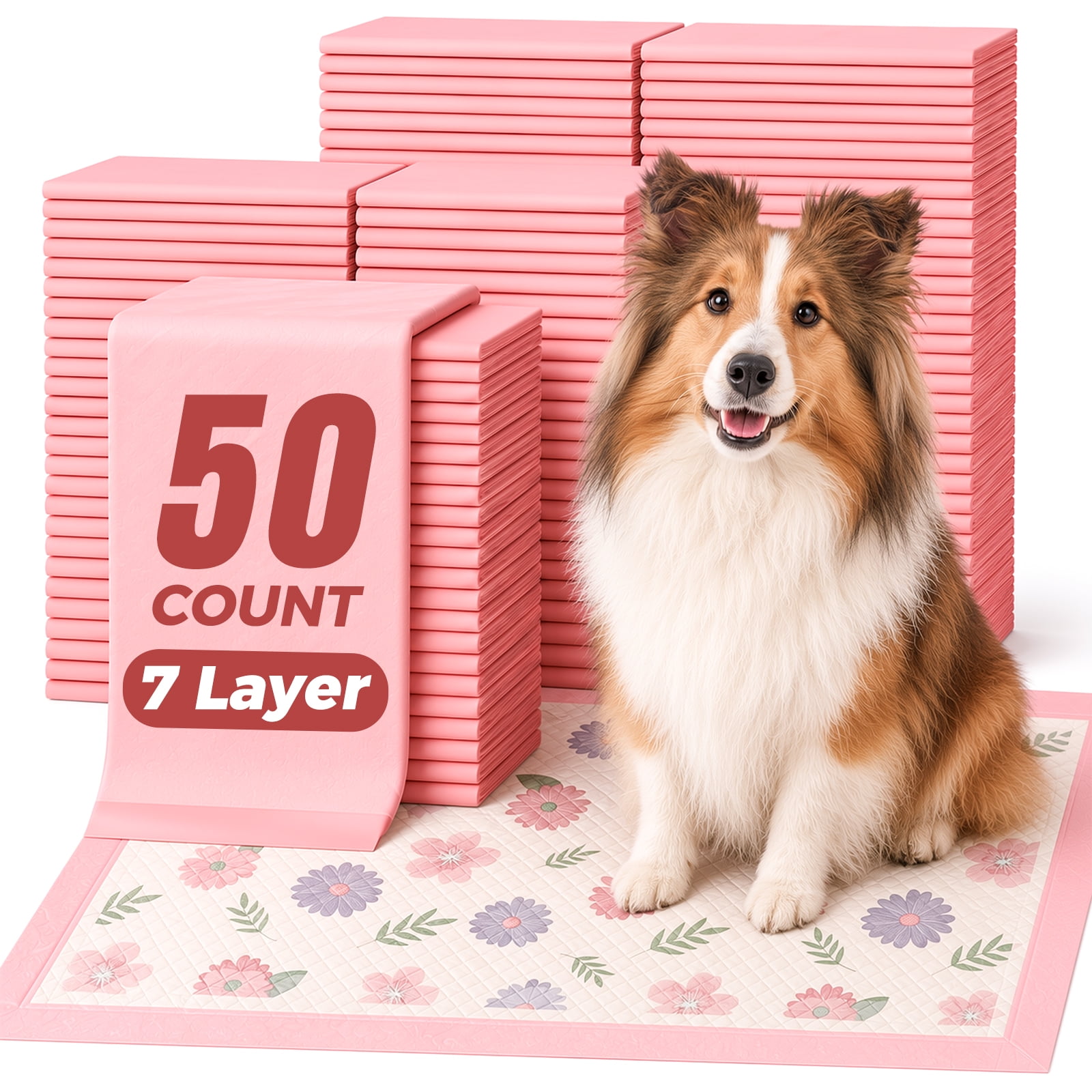 ROSYNEY Thicken Puppy Pads, 7 Layer Printed Pink Dog Pads, 24"x 18", 50 Count