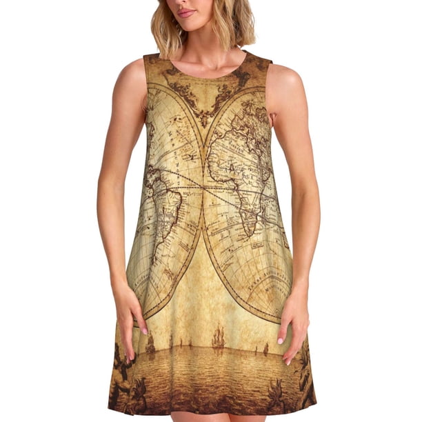 Disketp Vintage Map Of The World para Vestido sin Mangas para Mujeres, Vestidos de Verano para Mujeres, Casual y Holgado para la Playa