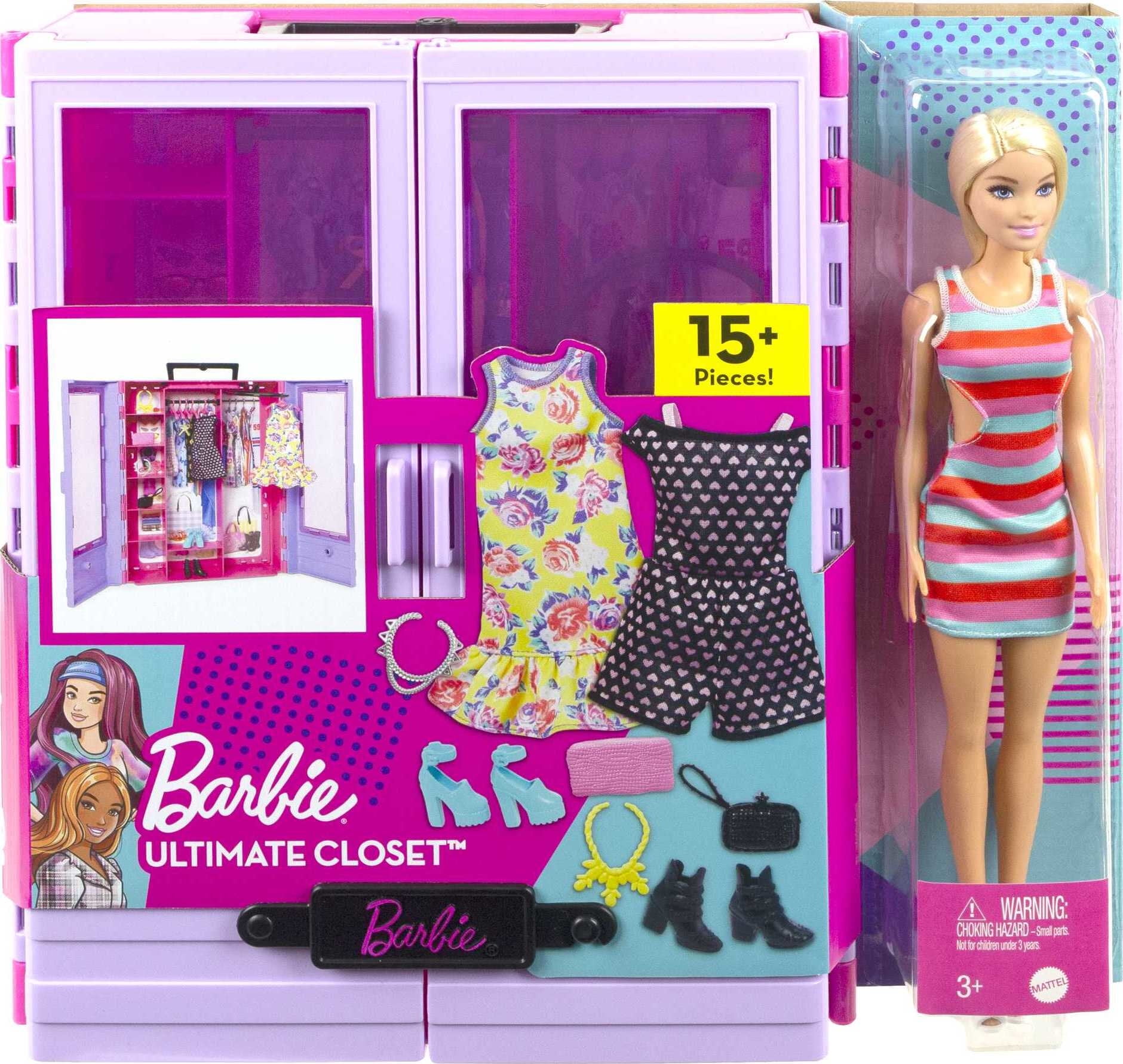  Barbie Closet Playset with 3 Outfits, 3 Pairs of Shoes, 2  Purses, Necklace and Sunglasses Accessories, 5 Hangars, 3 to 8 Years Old  ( Exclusive) : Toys & Games