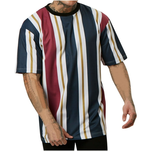 Camisetas de Manga Corta de los Hombres Casual Raya Cuello Redondo, Camiseta Ligera de Poliéster para Regalos Al Aire Libre, Viajes Y Familia