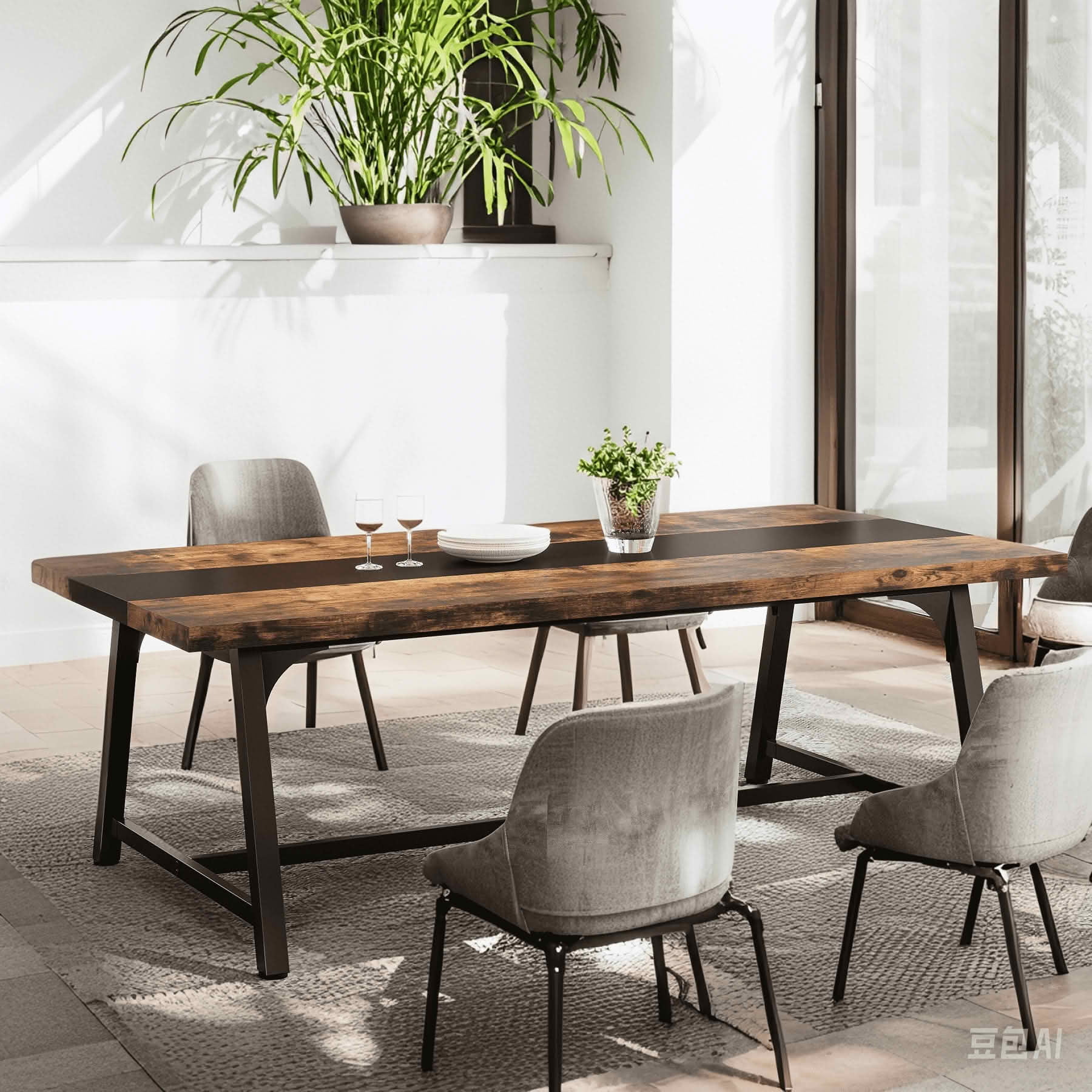 MAYEERTY 70.87 Inch Rectangular Wood Dining Table, Rustic Brown Kitchen Dinner Table with Heavy Duty Metal Frame for 6 to 8 People