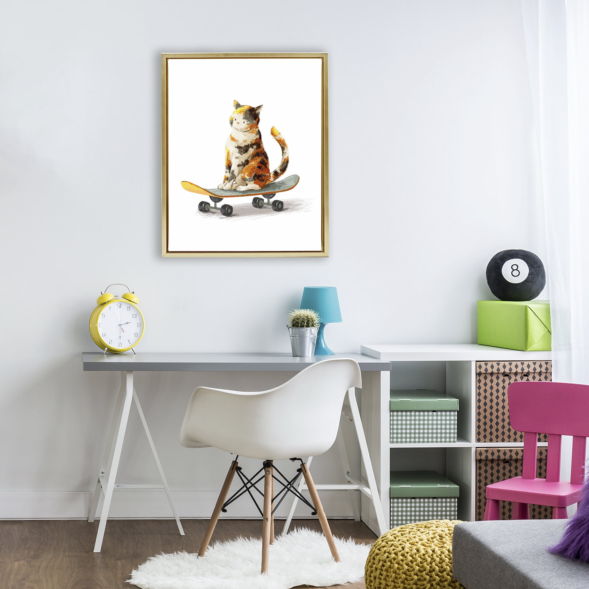 Stupell Industries Calico Cat on a Skateboard Gold Framed Floater Canvas Wall Art, design by Ziwei Li