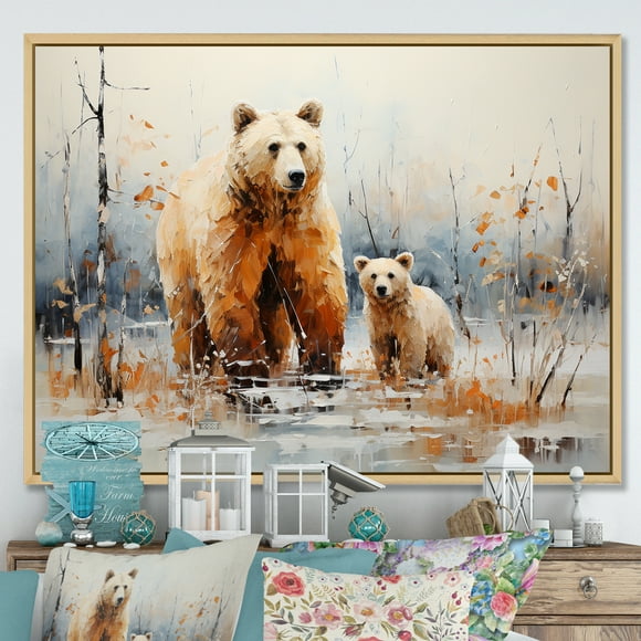 Designart Bear 2 framed wall art, Modern Bear Elegance , Bear Large framed wall art decor, Beige Natural framed wall art, 20x12 inches Natural brown color Frame