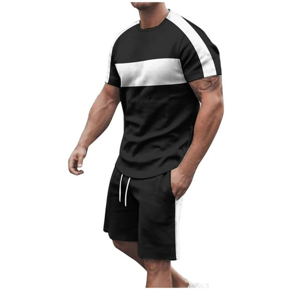 USNSM (M-5XL) Big and Tall Men's Round Neck Short Sleeve Colorblock Printed T-Shirt Top Shorts Set Pants Shirt Set Black L