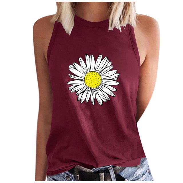 Débardeurs pour Femmes Imprimé Fleur de Marguerite Décontracté Sans Manches Col Rond Basique pour L'Été (l, Vin)
