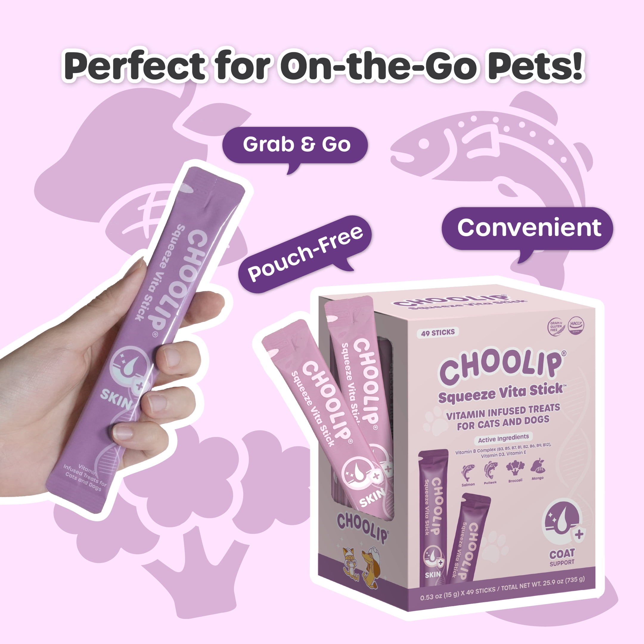 Choolip Vita Stick Skin and Coat Support Lickable Treats for Cats & Dogs, 25.9 oz (49ct)