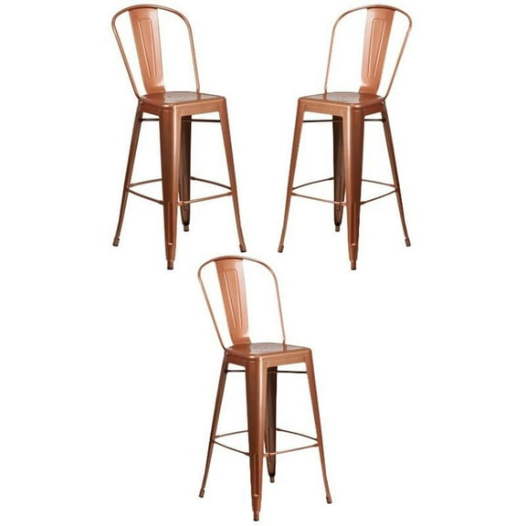 Home Square 30" Metal Curved Slat Back Bar Stool in Copper - Set of 3