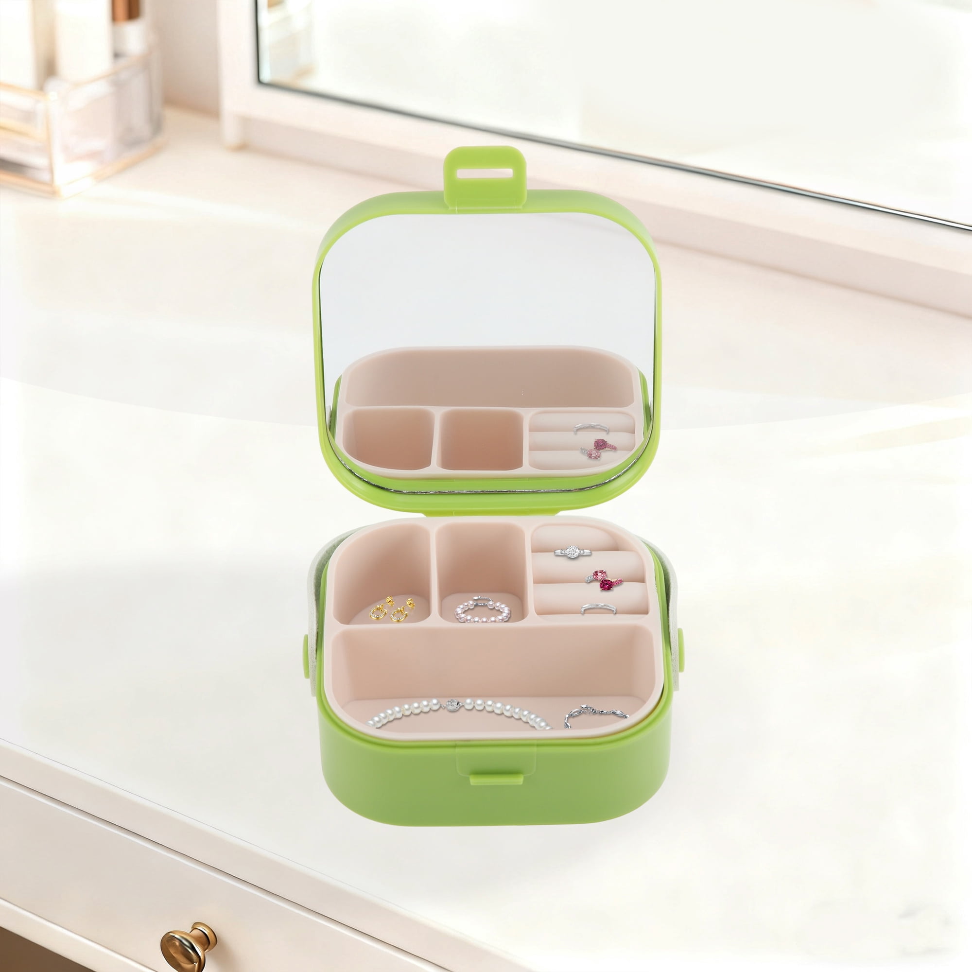 Unique Bargains Square Multi-Function with Mirror Jewelry Box Organizer Matcha Green