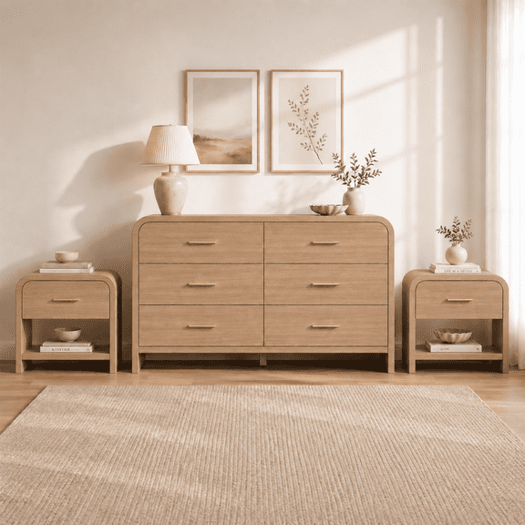 Vintagearth 3-Piece Bedroom Dresser and Nightstand Set, 53.81"W 6-Drawer Dresser & Two 1-Drawer Nightstands with Open Shelf, Curved Bedroom Furniture Set, Oak