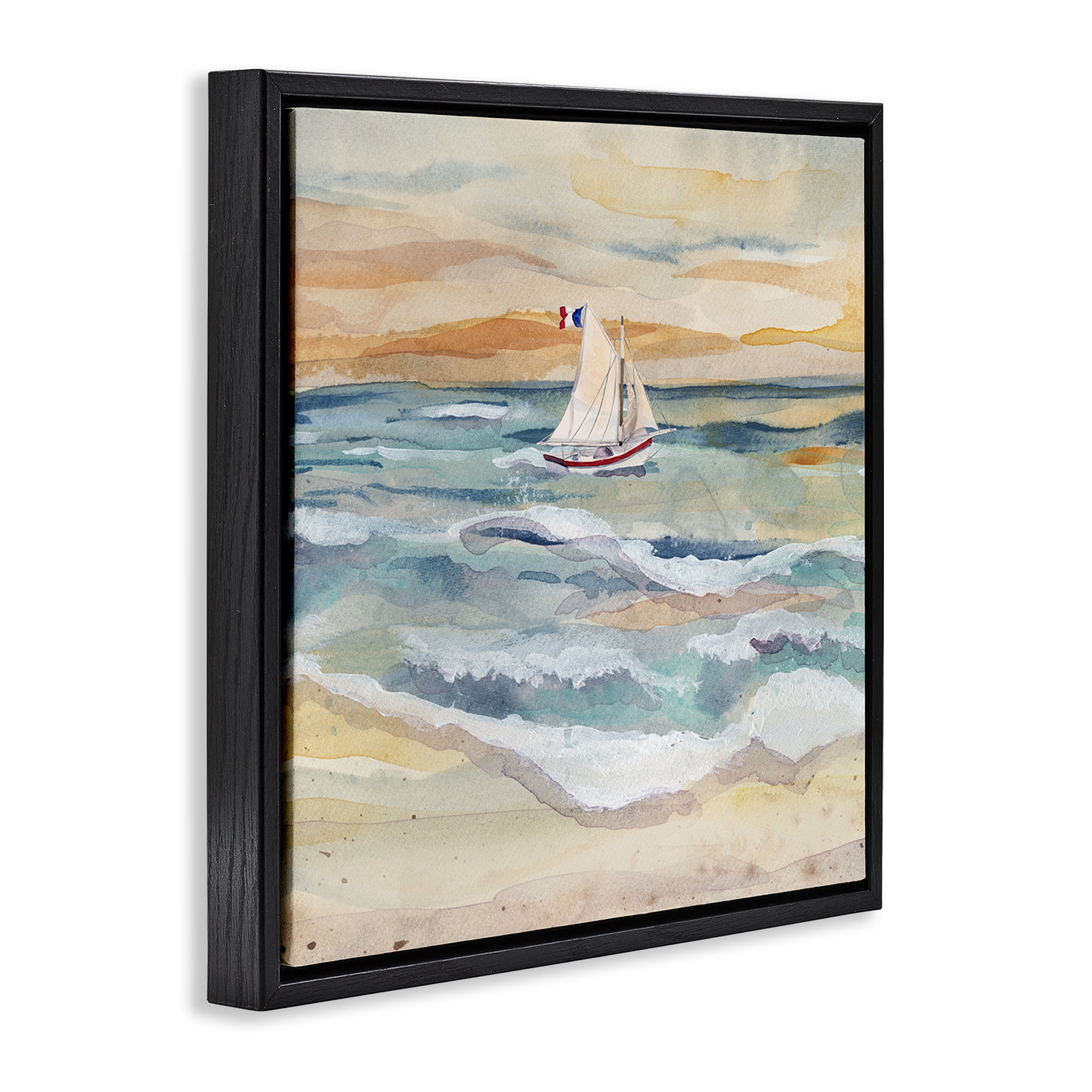 Stupell Industries Watercolor Boat Beach View Transportation Painting Black Floater Framed Canvas Art Print Wall Art, 25 x 25