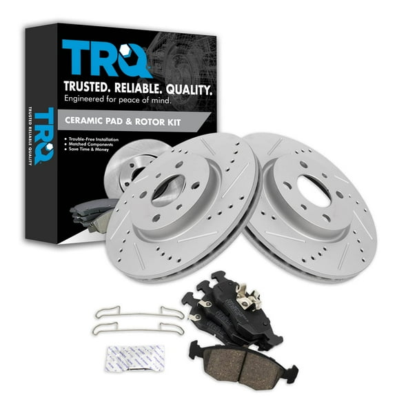 TRQ Front Performance Brake Pad & Rotor Kit Brake Pads Brake Rotors Set Ceramic Premium G-Coated Fits Select 2012-2017 Fiat 500