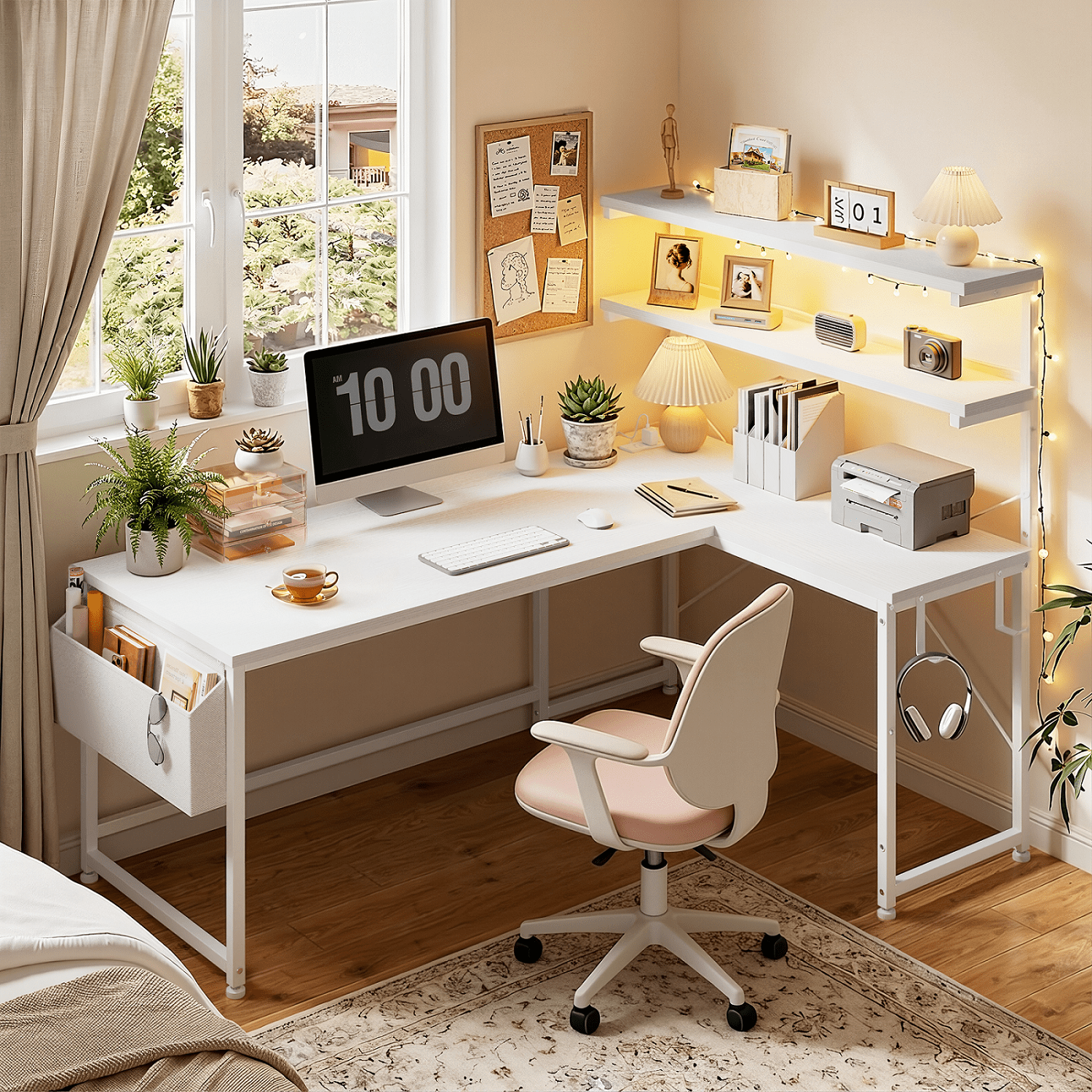 Romorgniz L Shaped Computer Desk with LED Lights & Power Outlet, Reversible 53"W Gaming Desk with Storage Shelf, Side Bag, Hooks for Home Office, White