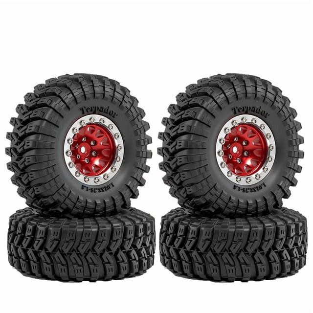 Juego de 4 Neumáticos y Ruedas de 1,3 Pulgadas para TRX4M SCX24 FMS FCX24 1/18 RC Crawler, Neumáticos de Goma con Llanta de Metal Roja.