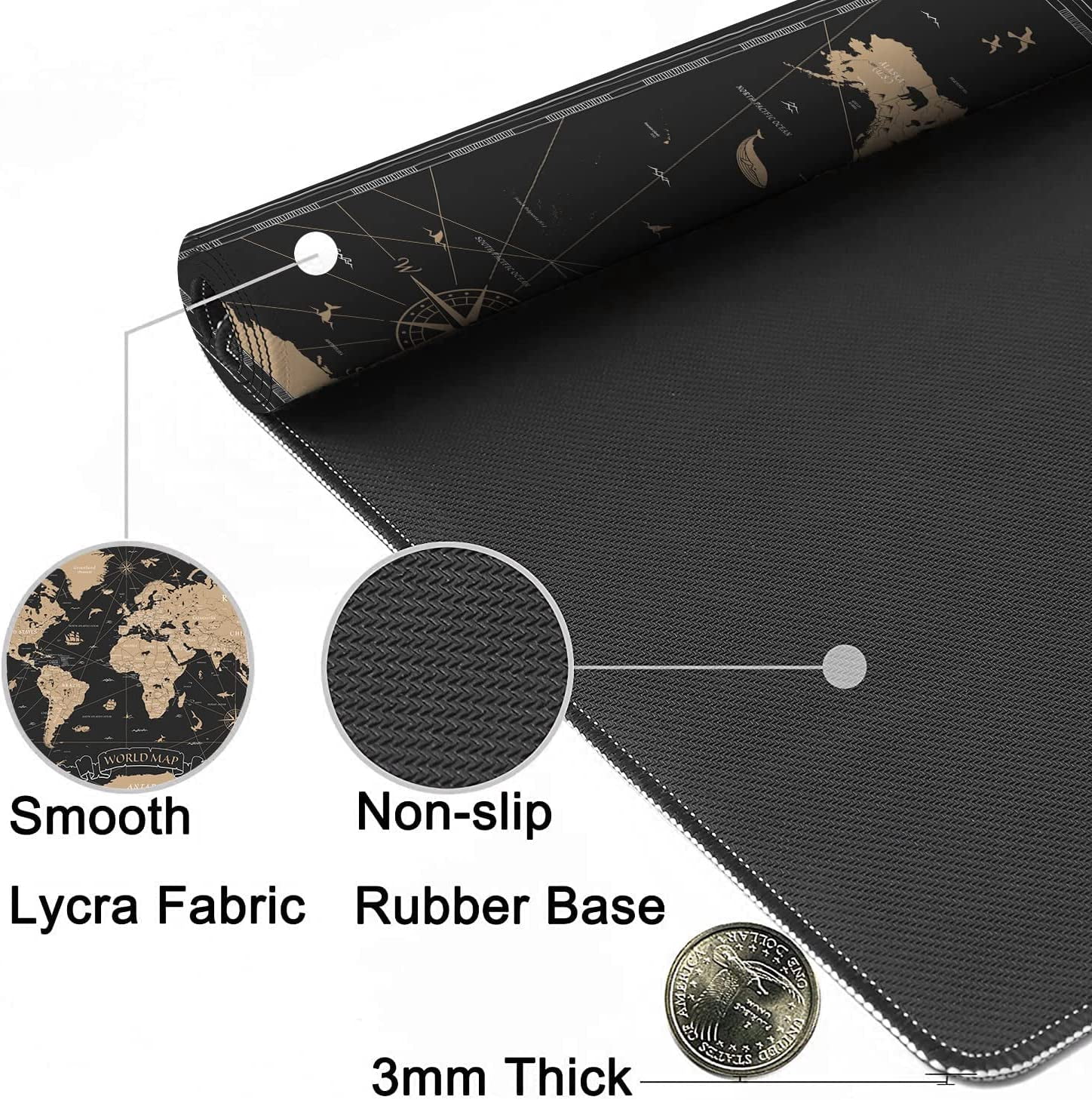 Vintage World Map Desk Mat,Black Golden World Map Extended Gaming Mouse Pad,Large Non-Slip Rubber Base Mousepad with Stitched Edges,Waterproof Mouse Mat Desk Pad for Office Game Home 35.4x15.75 in