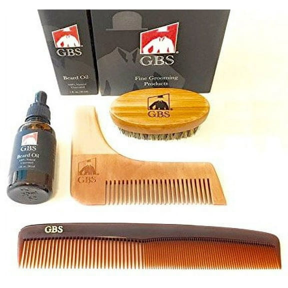 4 Piece GBS Premium Beard Styling and Shaping Set- Unscented Beard Oil, All-in-1 Template, 7" Tortoise Dressing Comb with Oval Boar Bristle Brush