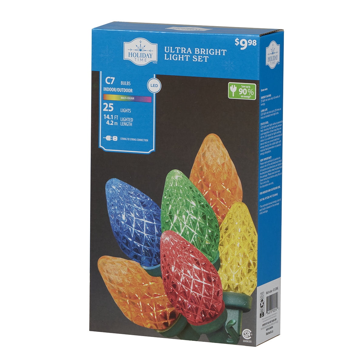 Lot de 25 lumières de Noël C7 à DEL ultra lumineuses Holiday Time, multicolores, avec fil vert, 14,1 pieds