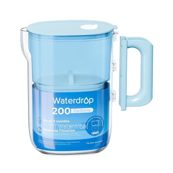 Waterdrop PT-12B Small 6-Cup Water Filter Pitcher for Mini Fridge, Blue, NSF-Certified Filter, 200-Gallon Long-Life, Reduces PFOA/PFOS and Chlorine, BPA-Free, Easy 2-Step Handle Setup