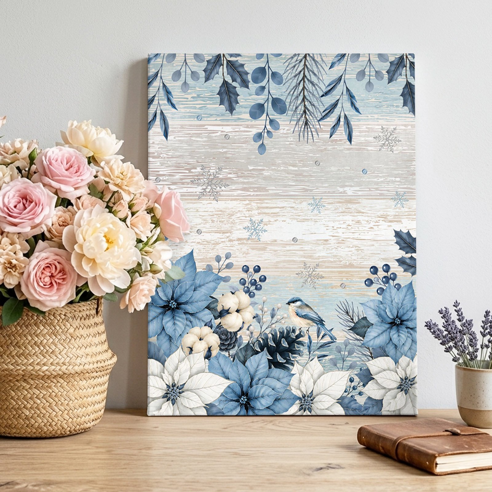 Christmas Winter Canvas Wall Art Blue White Poinsettia Holly Leaf Bird Wood Grain Pictures Wall Decor Wooden Framed Artwork Art Prints for Living Room Hallway Bedroom Office 8 x10