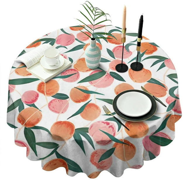 Nappe Ronde d'Été aux Fruits de Pêche, Housse de Table Sans Plis en Polyester, Nappe Imperméable Réutilisable pour Pâques Anniversaire Pique-Nique Mariage (Ronde, 60x60 Pouces)