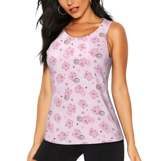 Fotbe Cute Pig Blusas Sin Mangas para Mujer – Estilo Casual, Corte Suelto, Slim-Fit, Cuello Redondo Deportivo, Tops de Verano para Gimnasio y Yoga-Small