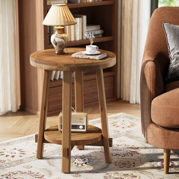 Finmind Solid Wood Round Side Table, Farmhouse Skinny Nightstand with Storage Shelf for Living Room, Brown