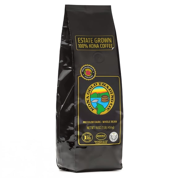 Hawaiian Kona Coffee Whole Bean - 16 oz, Kona Gold Coffee by Freshly Roasted Medium/Dark Roast Extra Fancy - 100% Kona Coffee | Peach Notes With Creamy Tones