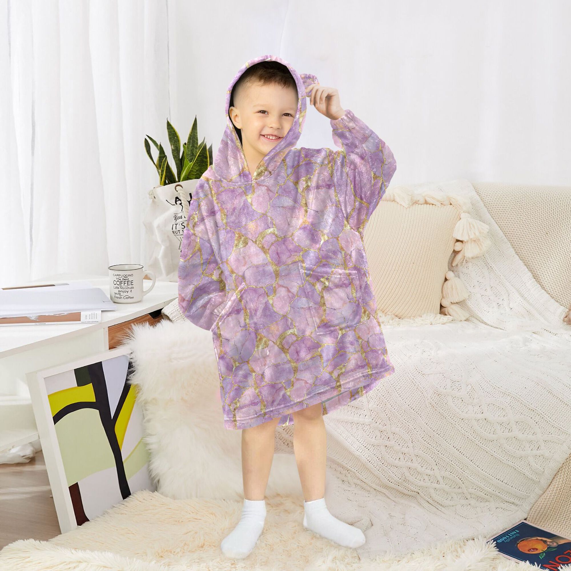 FORMRS Wearable Blanket Hoodie with Sleeves for Kids Cozy Flannel Sweatshirt, Pastel Pink Marble Pattern