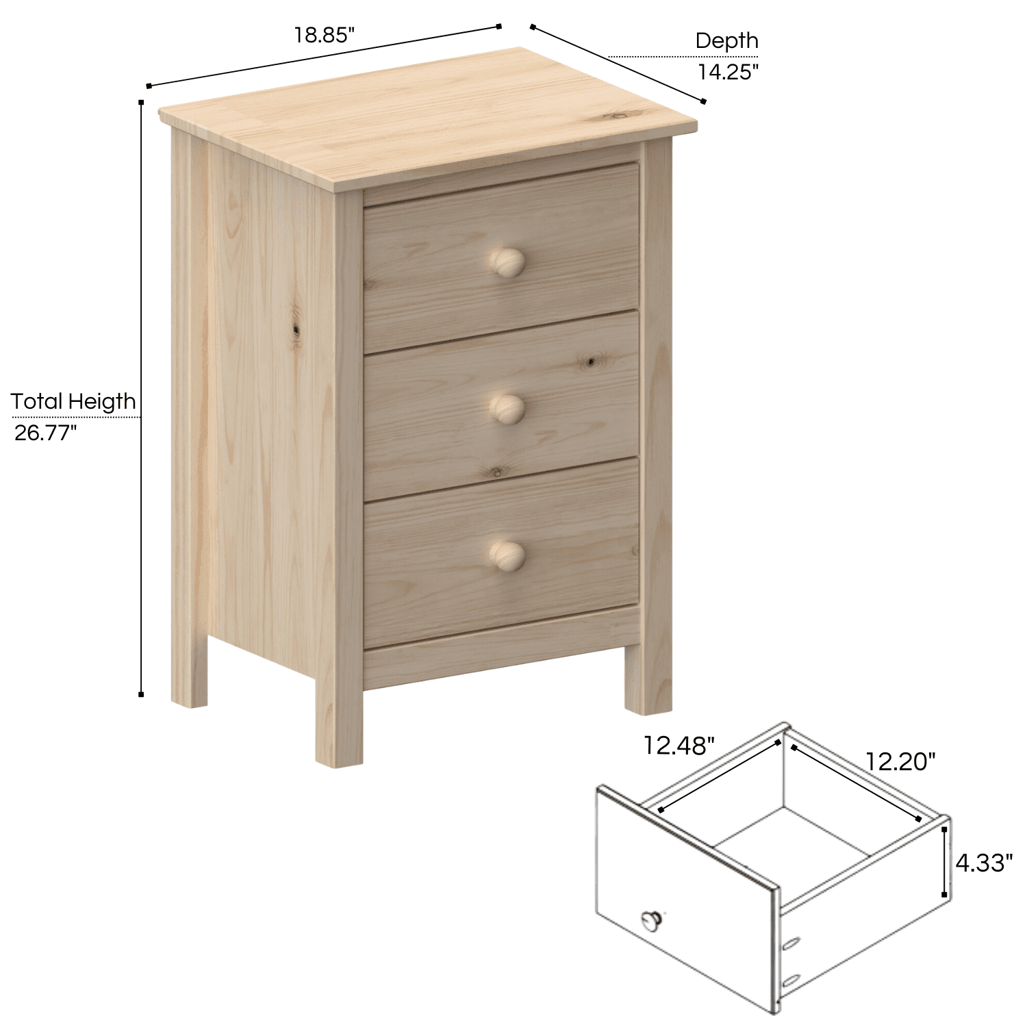 From the Tree Furniture Tall Nightstand with 3 Drawers, Solid Pine Wood, Unfinished