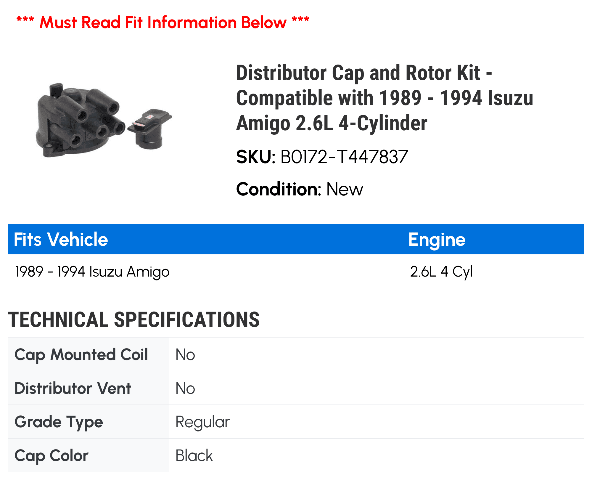 Distributor Cap and Rotor Kit - Compatible with 1989 - 1994 Isuzu Amigo 2.6L 4-Cylinder 1990 1991 1992 1993