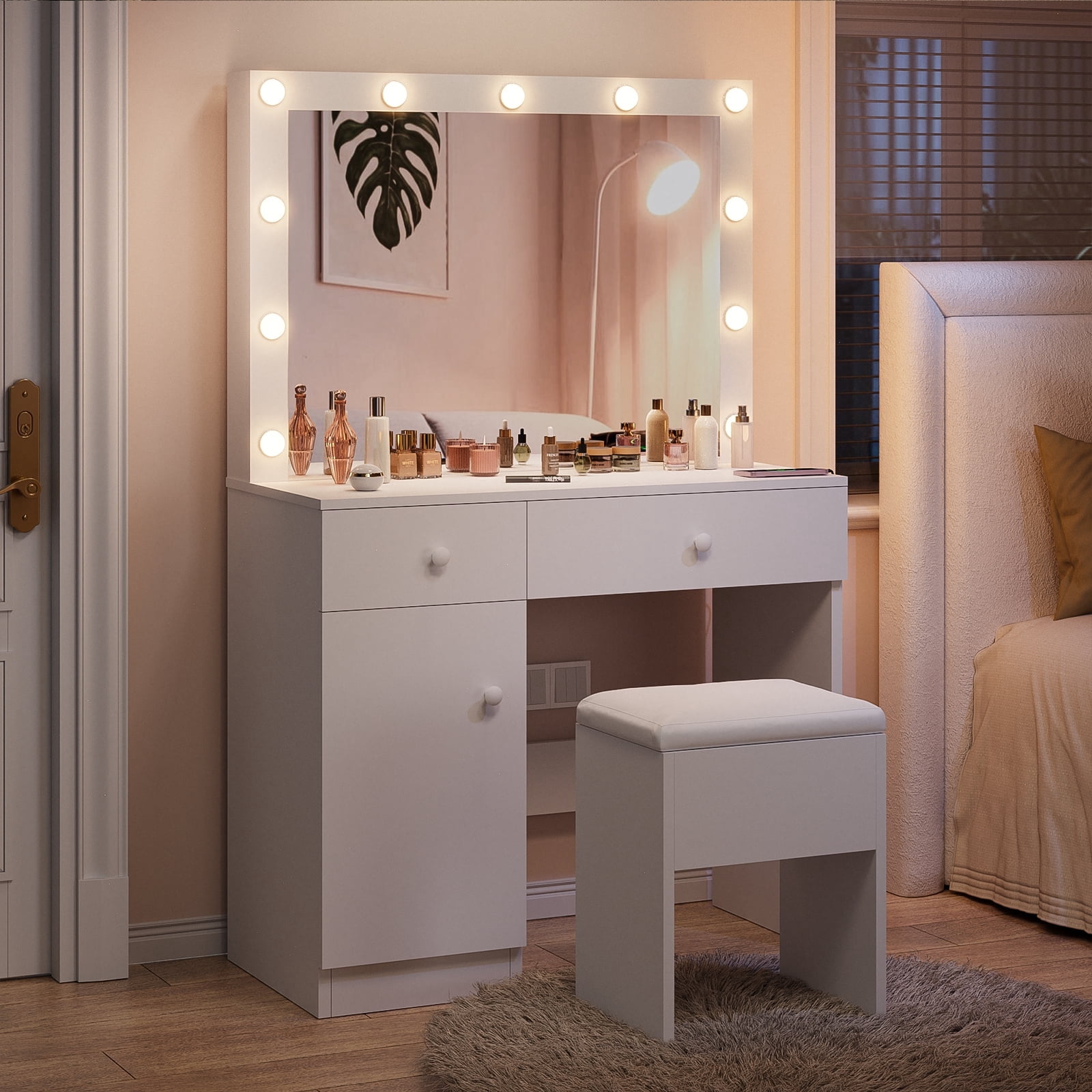 Bexfil Makeup Vanity Desk with Mirror and Power Outlet, White Vanity Desk Set with 3 Color Light Options Adjustable Brightness, Big Vanity with 2 Drawers, 1 Storage Cabinets
