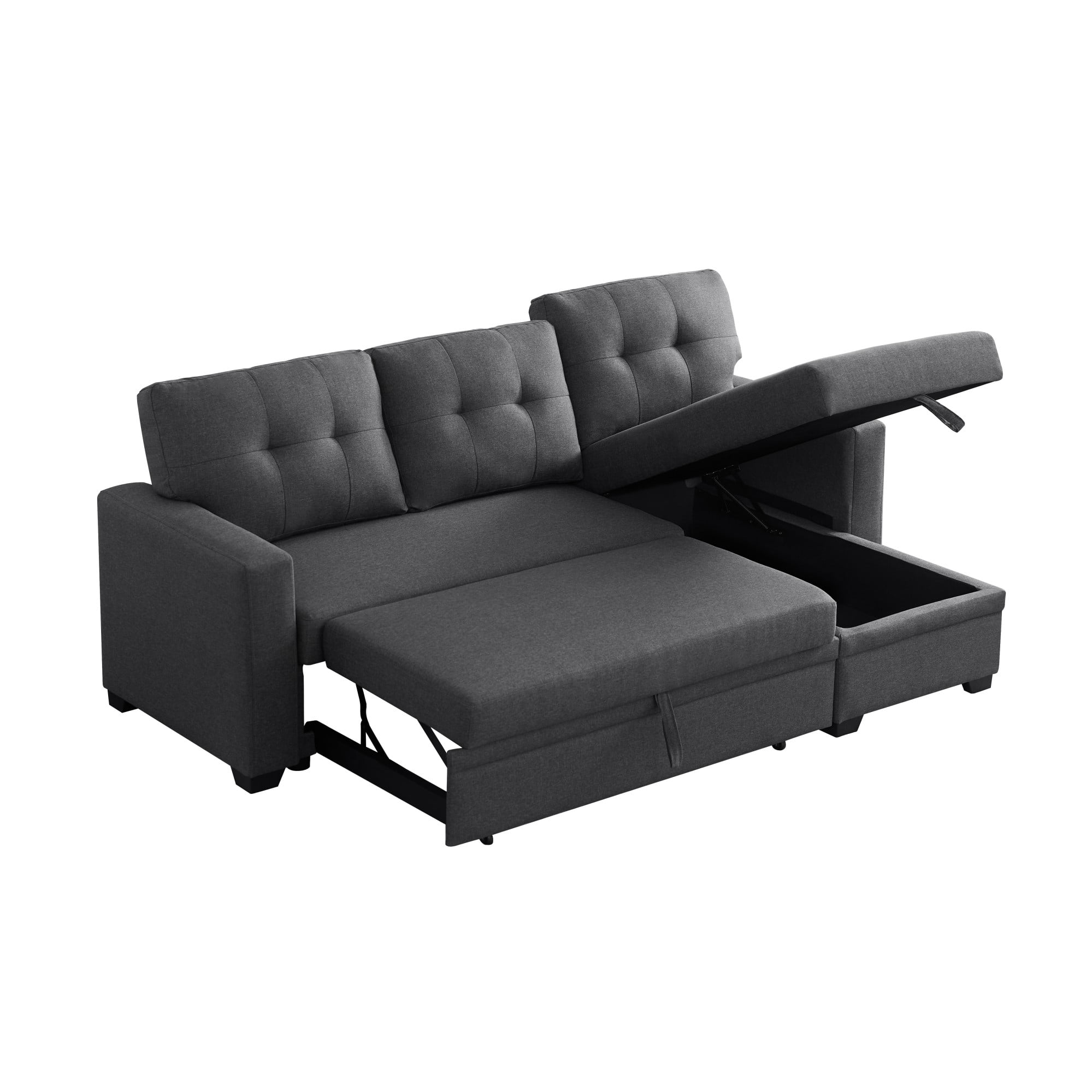 BSHTI 82" 3-Seat Linen Pull Out Sectional Sleeper Sofa with Storage Chaise, Removable Back Cushions for Living Room（Dark Gray）