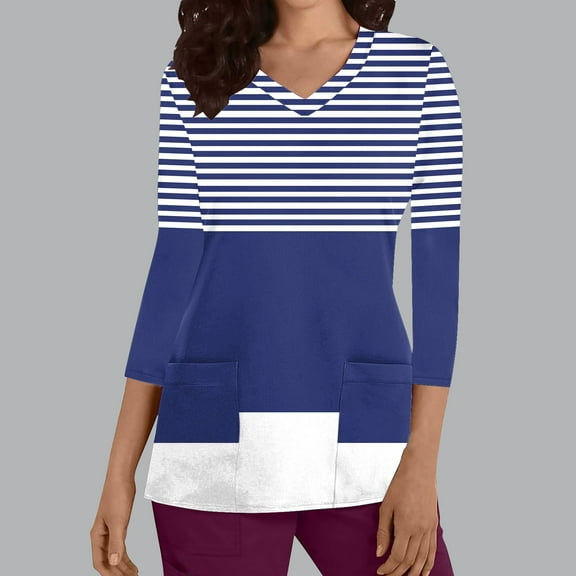 Frostluinai Scrub Tops Women Stretchy 3/4 Sleeve V Neck Casual Scrubs Tunic Shirts Striped Color Block Soft Working Uniforms with Pocket