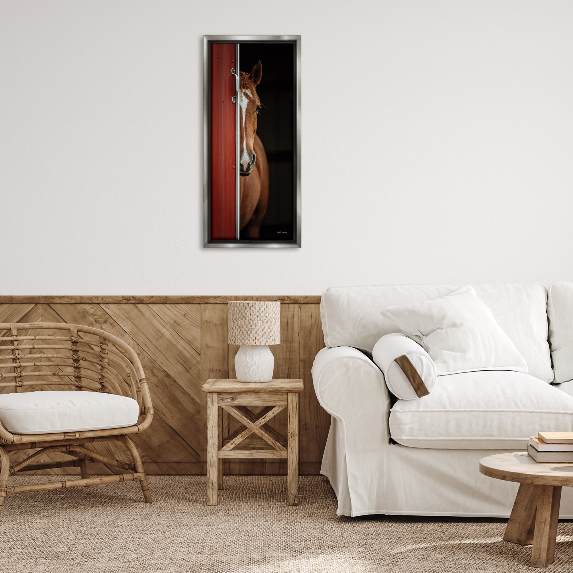 Stupell Industries Brown Stallion Peeking Animals & Insects Photography Gray Floater Framed Canvas Art Print Wall Art, 15 x 31