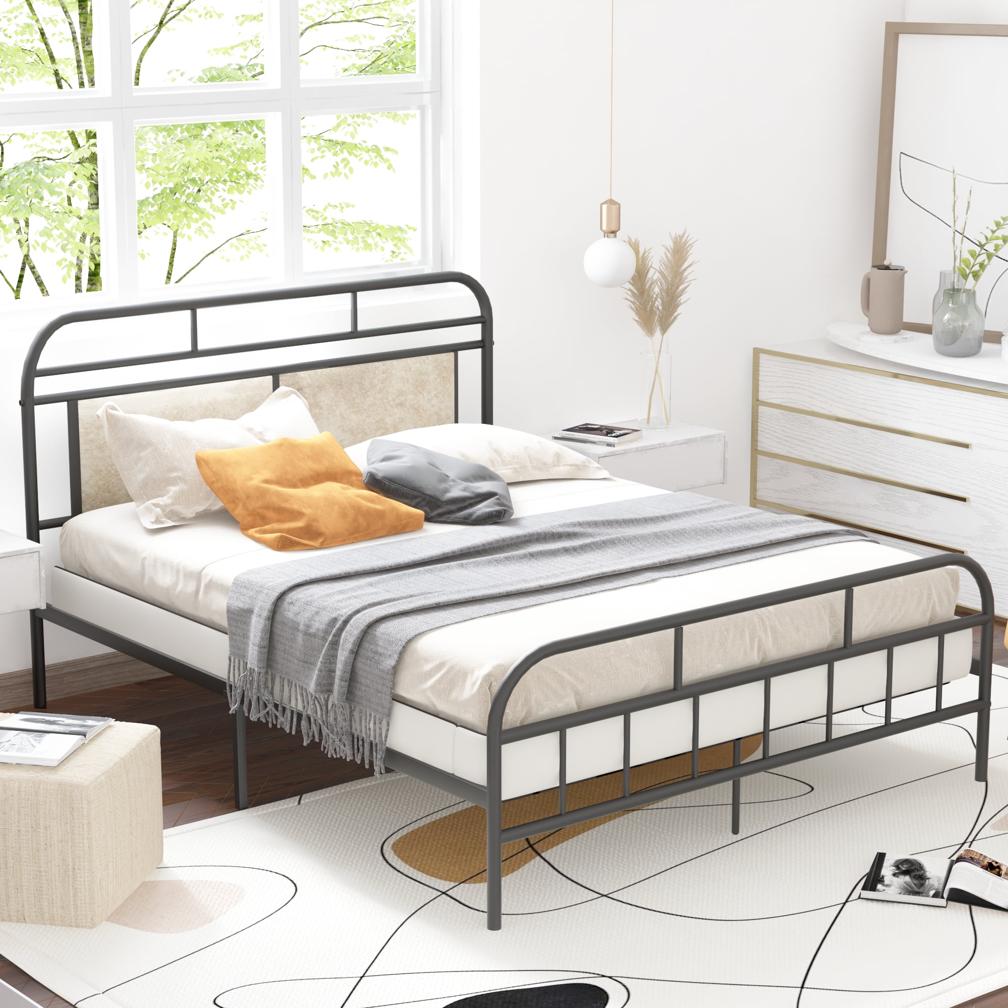 Queen Bed Frames for Kids Adults, BTMWAY Modern Metal Bed Frame Queen Size,  Queen Size Bed Frame No Box Spring Needed, Queen Platform Bed Frame with  Upholstered Headboard and Footboard, Black, R1891 -
