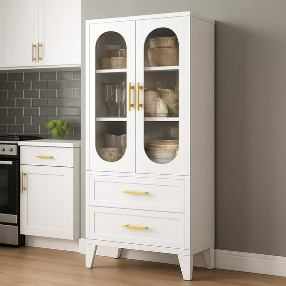 Garvee Metal Storage Cabinet, Display Cabinets with Glass Doors and Drawers for Kitchen, Bath, Tool Room, White