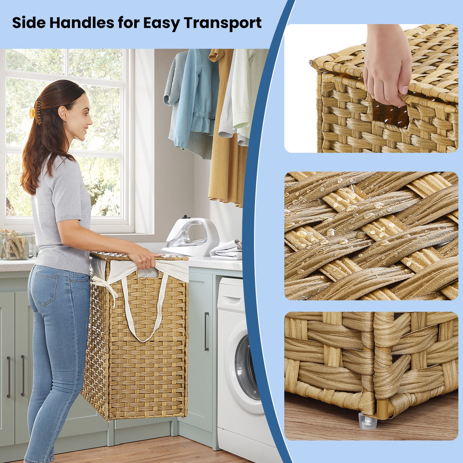 Double-Section Laundry Hamper with Lid & 6 Mesh Bags – 110L Capacity, Removable Washable Liners, Sturdy Steel Frame & Rattan for Bathroom，Home – Natural