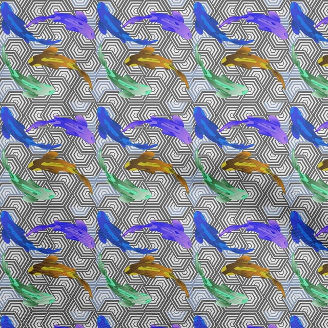 oneOone Georgette Viscose Dark Blue Fabric Asian Japanese Koi Fish with Geometric Texture Craft Projects Decor Fabric Printed by The Yard 42 Inch Wide