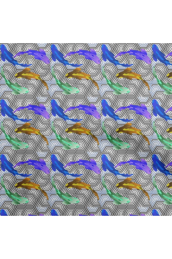CottonCambricDarkBlueFabricAsianJapaneseKoiFishWithGeometricTextureDressMaterialFabricPrintFabricByTheYard42InchWide