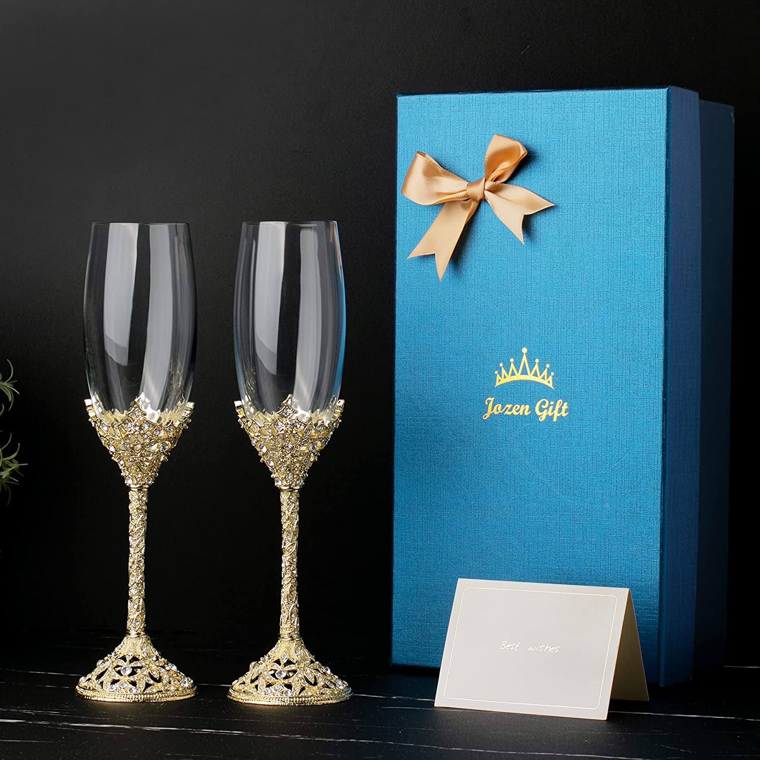 Champagne Flutes - Crystal Glass Metal Base With Crystal Stones, Set of 2 Toasting Flute Pair, Wedding Anniversary Party Birthday Banquets and Gifts for Bride and Groom7oz