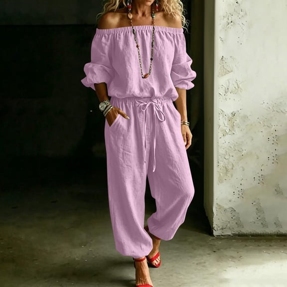 Caywon Women's Jumpsuits, Off Shoulder 3/4 Sleeve Drawstring Waist, Summer Casual Daily Wear