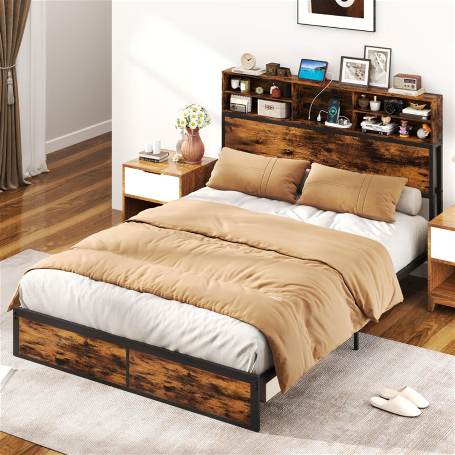 Demi Bonn Queen Size Bed Frame with Wooden Headboard and Footboard, Industrial Metal Platform Bed Frame with Under Bed Storage, No Box Spring Needed, Brown