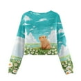 thumbnail image 5 of COEQINE Cute Crop Sweatshirt for Girls, Long Sleeve Crewneck Pullover Outfit Lightweight Sweatshirt Tops, Fall Winter Kids Fashion Age 13-14, Capybara Daisy Teal, 5 of 7
